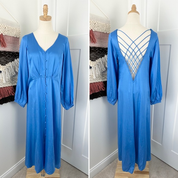Free People Later Days Strappy Satin Midi Button Front  Dress Blue Size 10 - Picture 6 of 12